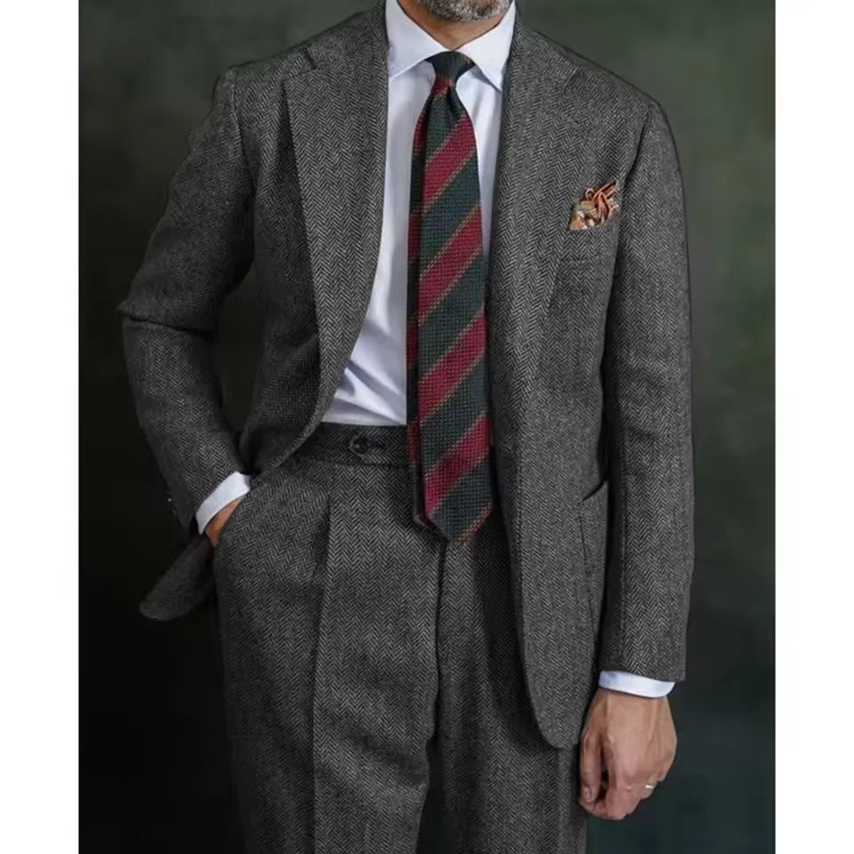 New Men's Herringbone Suit Two Piece Suit Elegant Men's Suit Pants Set Casual Suit Men's Clothing Men's Pants Halloween Party