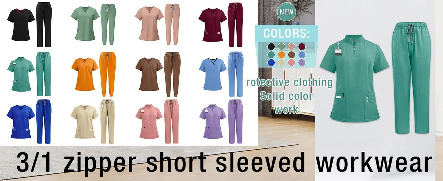 Women Two-Piece Set Solid Color Stand-Up Collar Short-Sleeve Top With Zipper Pocket And Matching Pants Professional Workwear