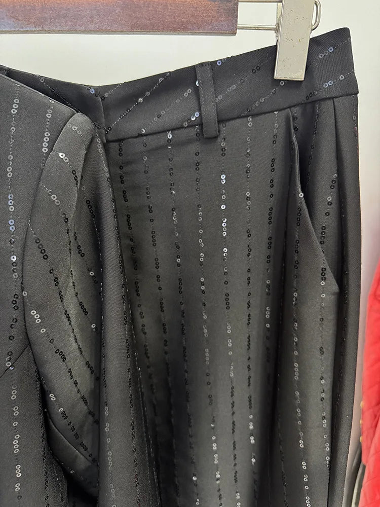 HIGH STREET Newest 2026 Stylish Designer Black Formal Suit Set Women's Bead Sequin Blazer Pants Set 2pcs