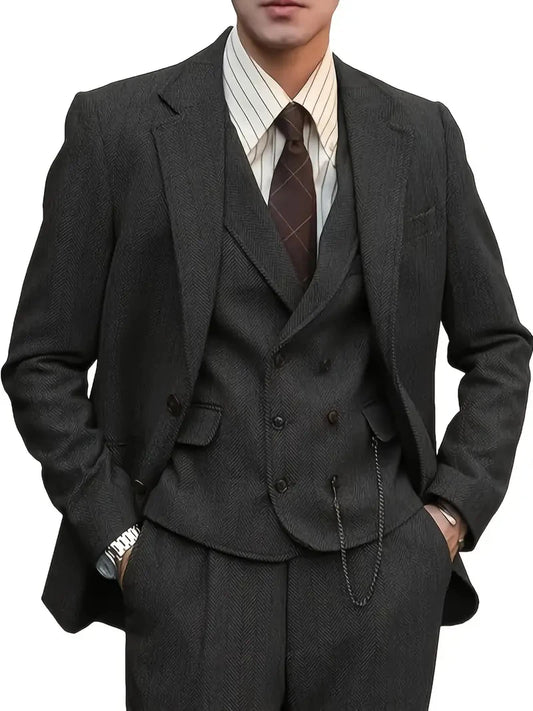 Retro Men's Suits 3pcs Tweed Herringbone Slim Fit Groom Tuxedos Prom Blazer Jacket (Jacket+Vest+Pants)