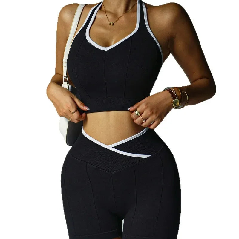 Women Seamless Fitness Yoga Set Outdoor Cycling Set Fashion Cross Waist Sports Leggings Gym Trainning Vest Butt Liftting Shorts