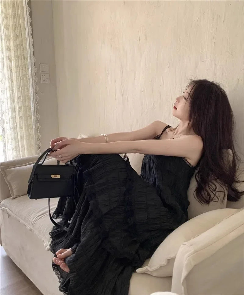 Summer  Long Vintage Casual Ruffles Elegant Maxi Strap Camis Silky Beach Lace Elegant Party Dress Vestidos Sexy Women