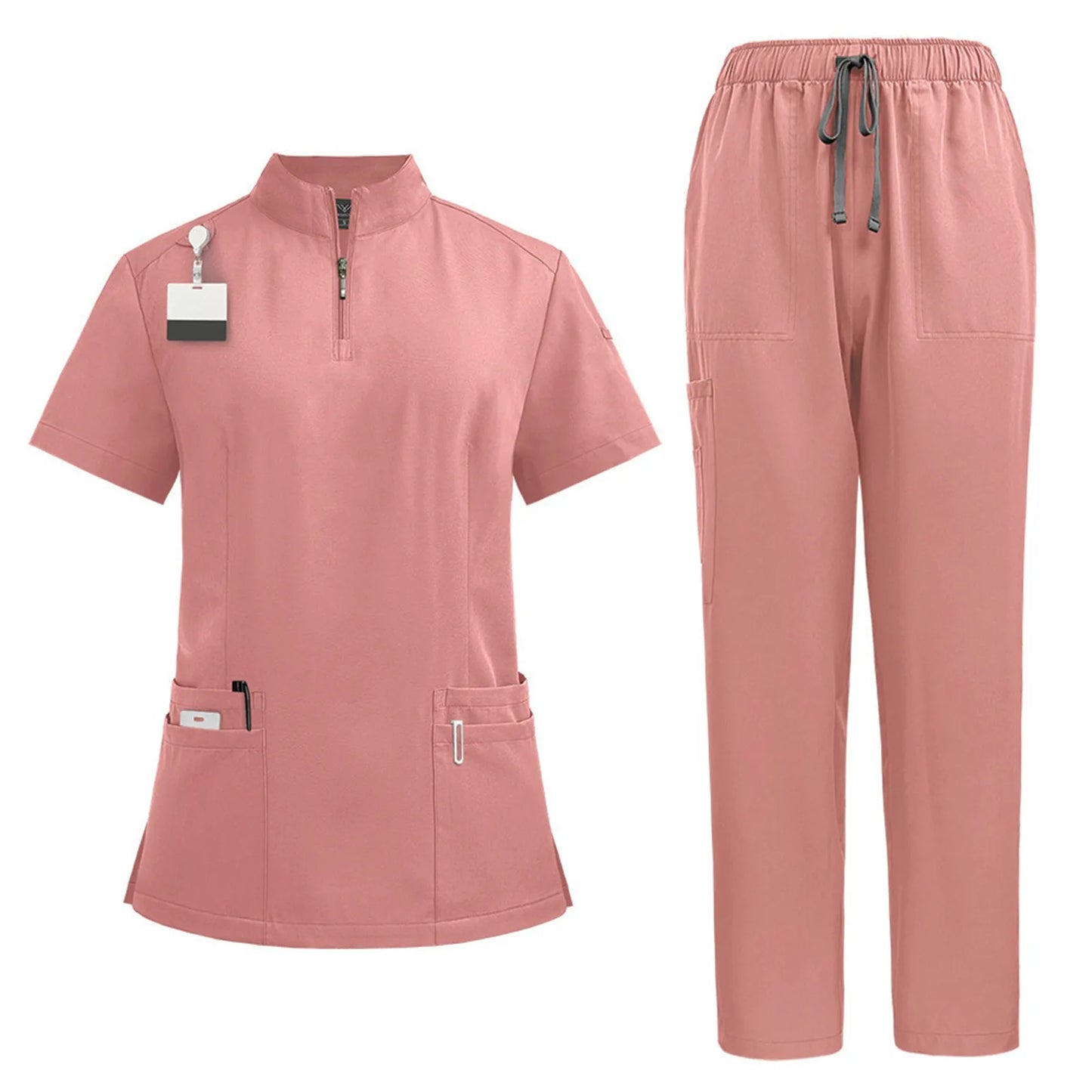 Women Two-Piece Set Solid Color Stand-Up Collar Short-Sleeve Top With Zipper Pocket And Matching Pants Professional Workwear
