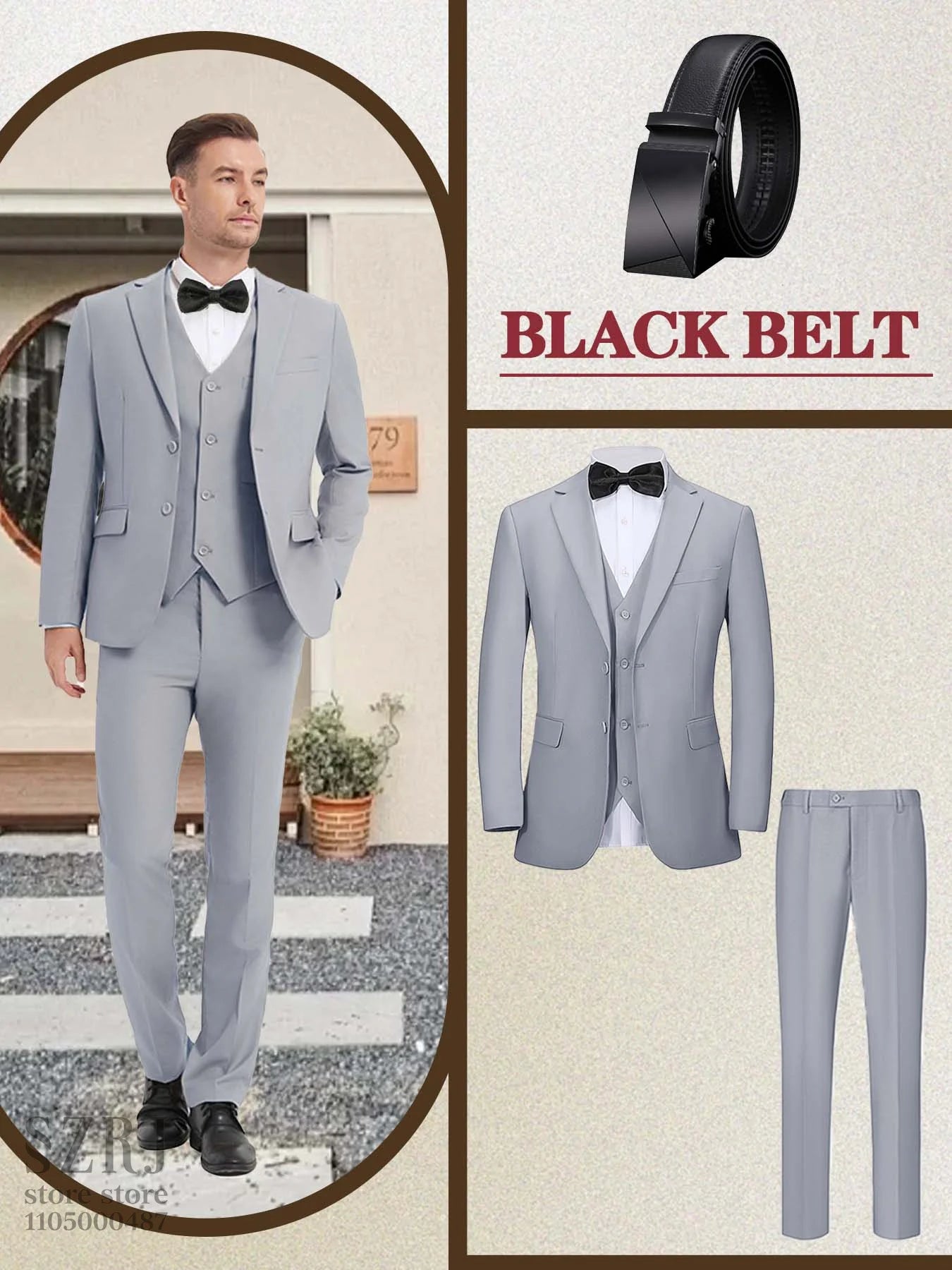 4pcs Men's Formal Suit Set: Tuxedo, Vest, Pants, Belt with .Classic Elegant Attire for Business, Party, Banquet, Job Interview