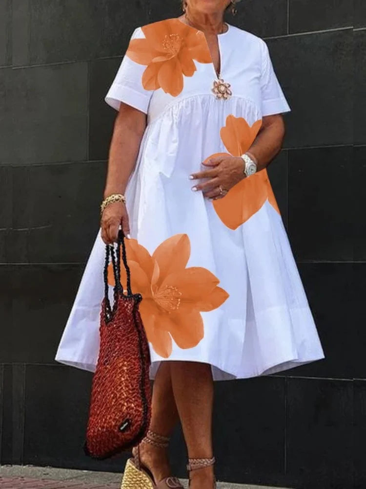 Women Midi Shirts Dress Summer New Dress 2025 V-Neck Pleated Short Sleeves White Loose Casual Flower Print A-line Dresses
