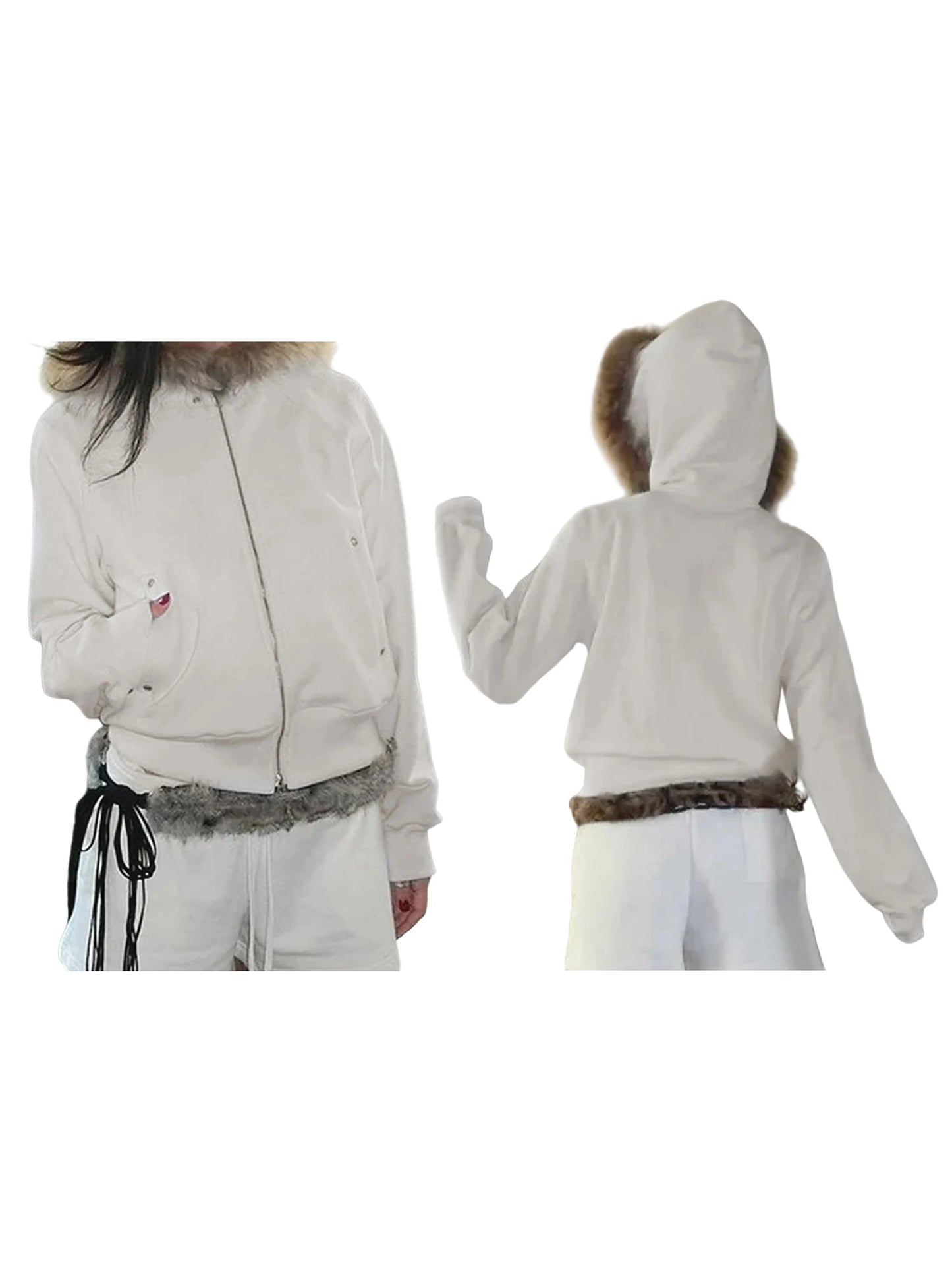 Women s Winter Warm Hooded Coat with Faux Fur Trim Long Sleeve Zipper Hoodie Jacket with 2 Pockets and Plush Lining