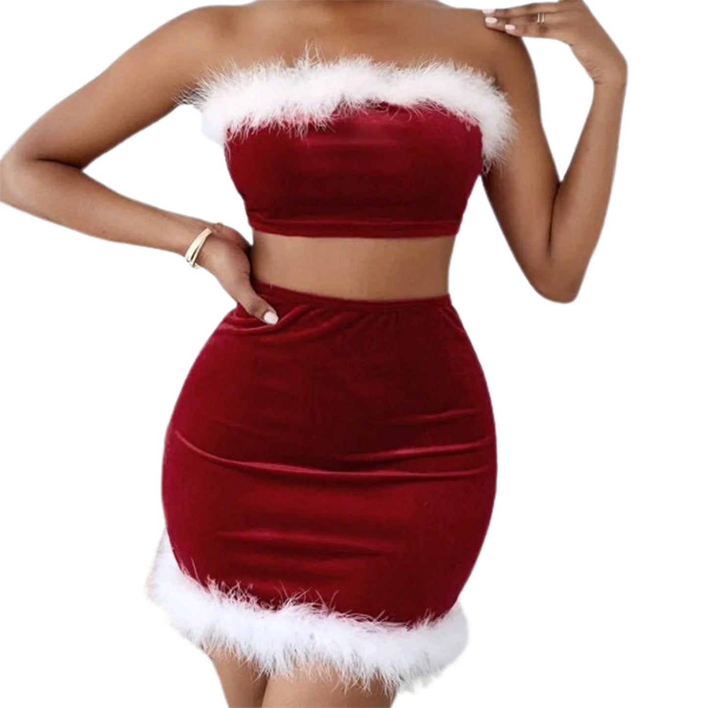Women s Christmas Skirt Outfits Contrast Color Crop Tube Tops Bodycon Mini Skirt Lingerie
