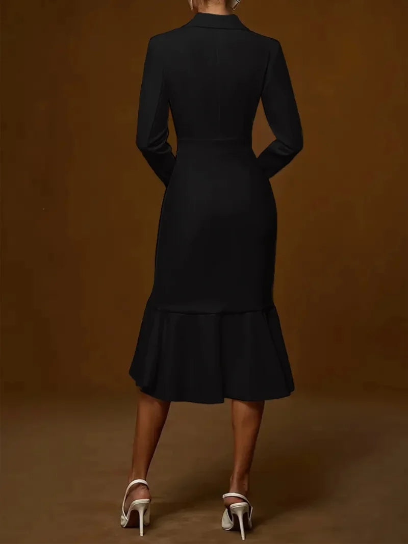 Fashion Lapel Long-sleeved Elegant Hip-wrapped Fishtail Midi Dress