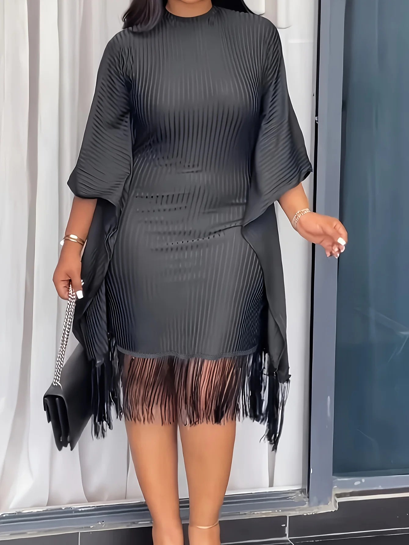 Round Neck Open Sleeve Fringed Hem Shirt Dress