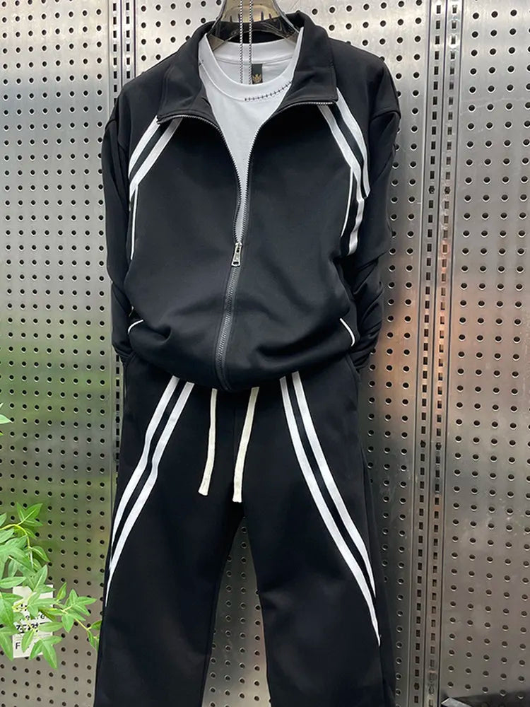 New Men Lapel Collar Zipper Tops Wide Leg Pants Sports Tracksuit Outdoor Jogging Running Set Mixed Colors Two Piece Training Set