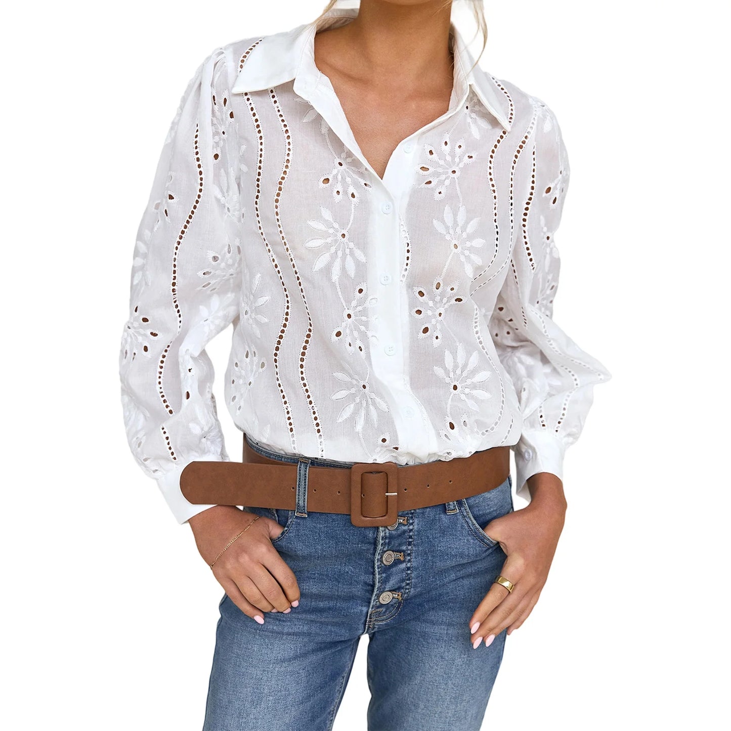 Stylish Women s Eyelet Blouse with Long Sleeves and Turn Down Collar in Solid Color Loose Fit Shirt for Fashionistas