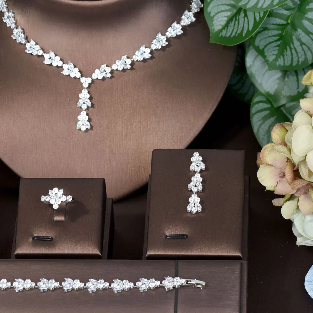 HIBRIDE Trend Flower African CZ Jewelry Sets Necklace Earrings Bracelet Ring Sets For Women Wedding Jewelry Bijoux N-1004