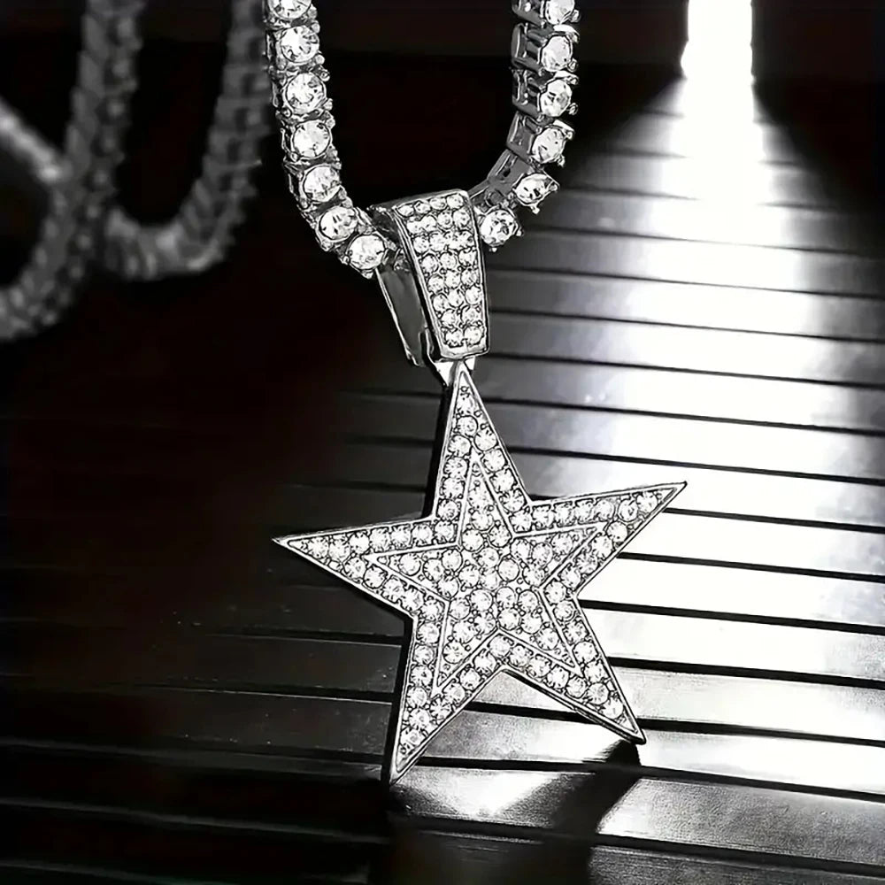 Iced Out Popular Full Rhinestone Star Shape Pendant Match 20inch Tennis Chain Fashion Jewelry Accessories For Men and Women USA