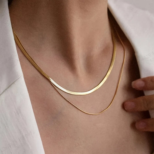 Elegant Double-Layered Stainless Steel Necklace with Round & Flat Snake Chain - Perfect for Casual Attire or Gifting