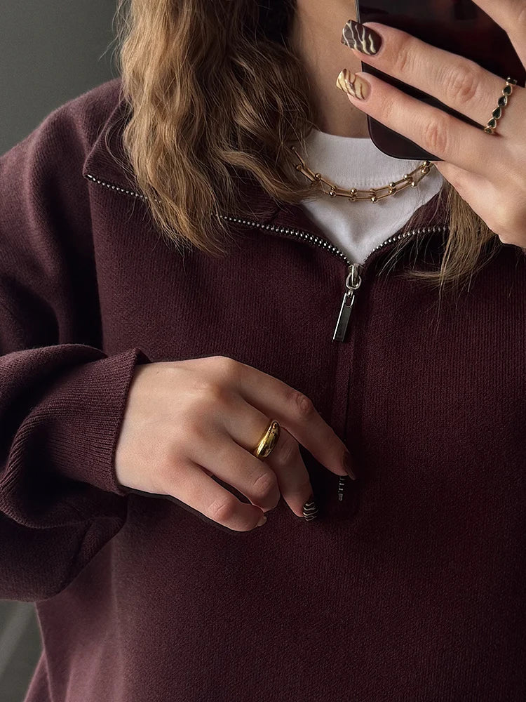 Red Zip Up Sweater Women Brown Oversized Winter Autumn Pullovers Half Zip Thick White Turtleneck Sweater With Zipper Women Warm