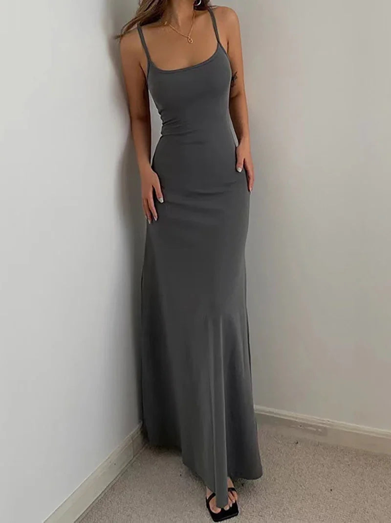 Woman Spring Summer Bodycon Dress Female Sexy Sleeveless Spaghetti Strap Sheath Dress Elegant Backless Evening Dress Long Skirt