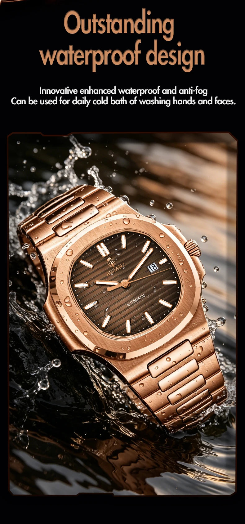 Luxury AIMANA Mens Automatic Watch Stainless Steel Strap Waterproof Luminous Date Calendar Rose Gold Nautilus Style Business Cas