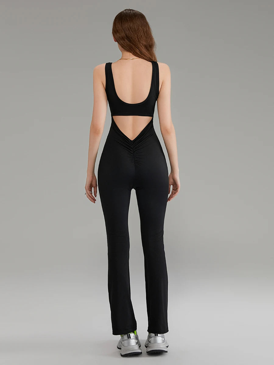 Women s Sleeveless Tank Jumpsuit Solid Color U-Neck Back Cutout Wide Leg Pants Playsuit Clubwear