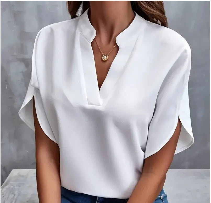Summer Elegant Women's Blouse New V-neck Short Sleeve Solid Color Loose Shirt Casual White Tops Office Lady Blouses
