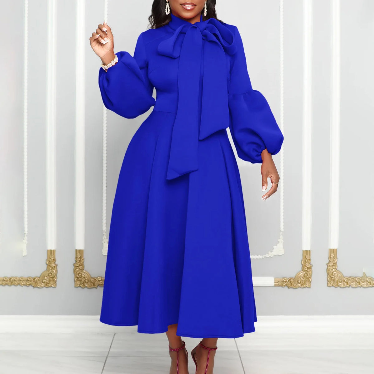 Elegant Party Dresses for Women Luxury Woman 2024 Bow Collar Full Sleeve High Waisted Pleated Mid Calf Birthday Dinner Celebrate
