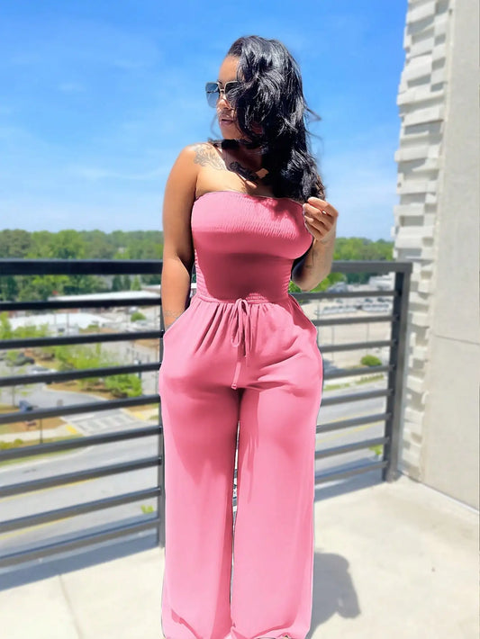 Women's Summer Jumpsuit Casual Strapless Romper Loose Sleeveless Overalls with Pockets Beach Jumpsuits 2025 Fashion Plus Size