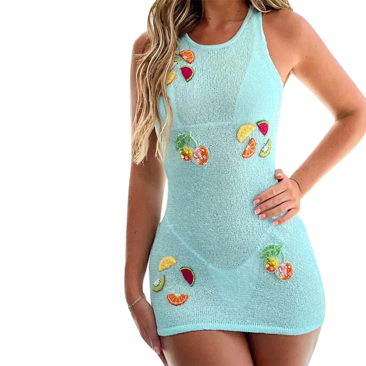 Women s Sleeveless Knitted Dress with Round Neckline and Colorful Fruit Patchwork Design Perfect for Summer Beachwear