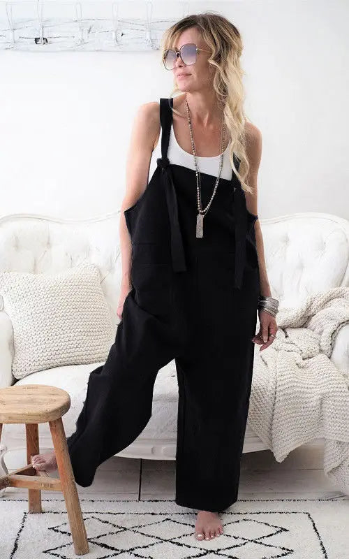 Women s Stylish Relaxed Fit Dungarees Adjustable Strap Sleeveless Jumpsuit Fashionable Wide Leg Retro Suit