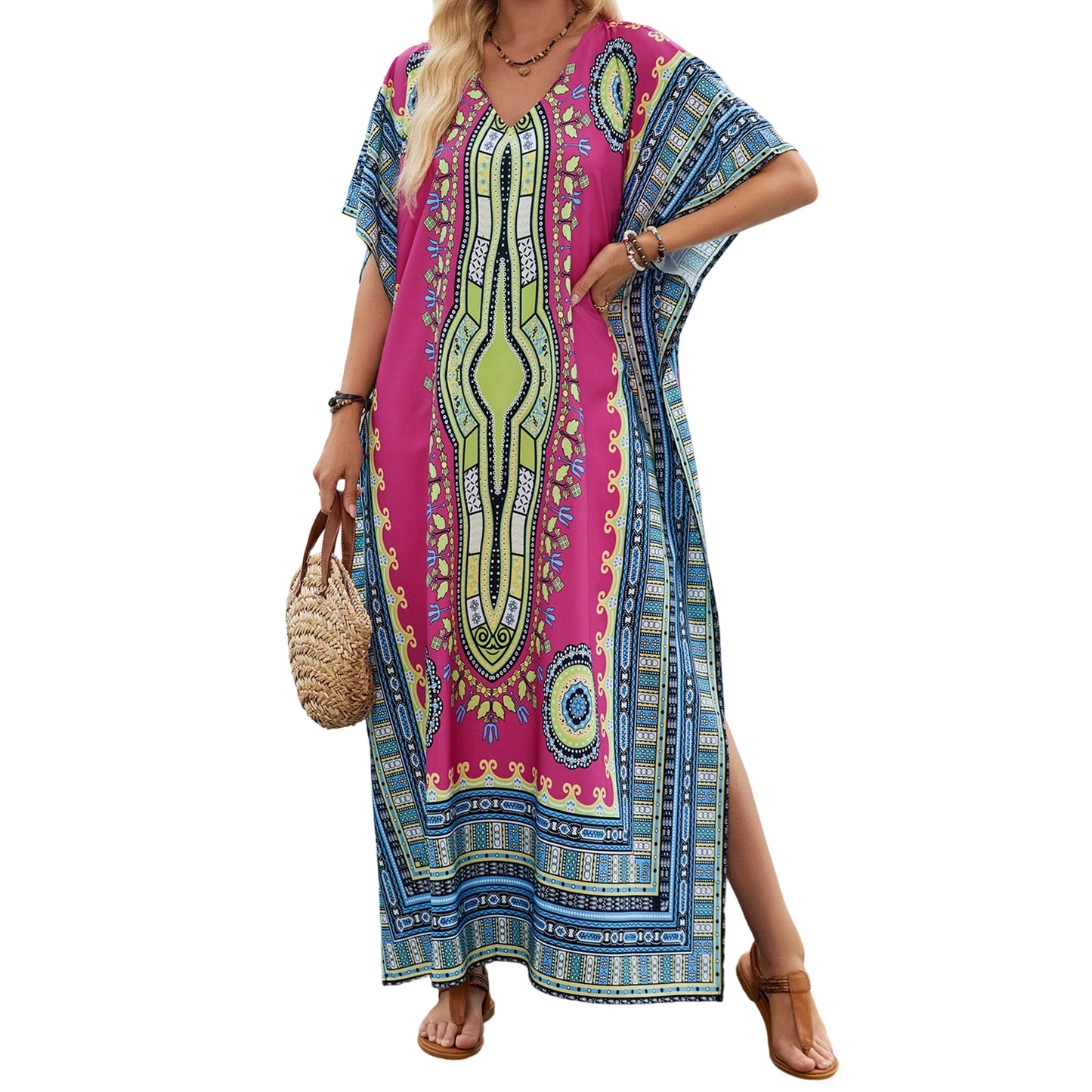 Women s Boho Style Floral Print V-neck Short Sleeve Beach Cover-up Dress with Side Slit Loose Fit Summer Maxi Dress