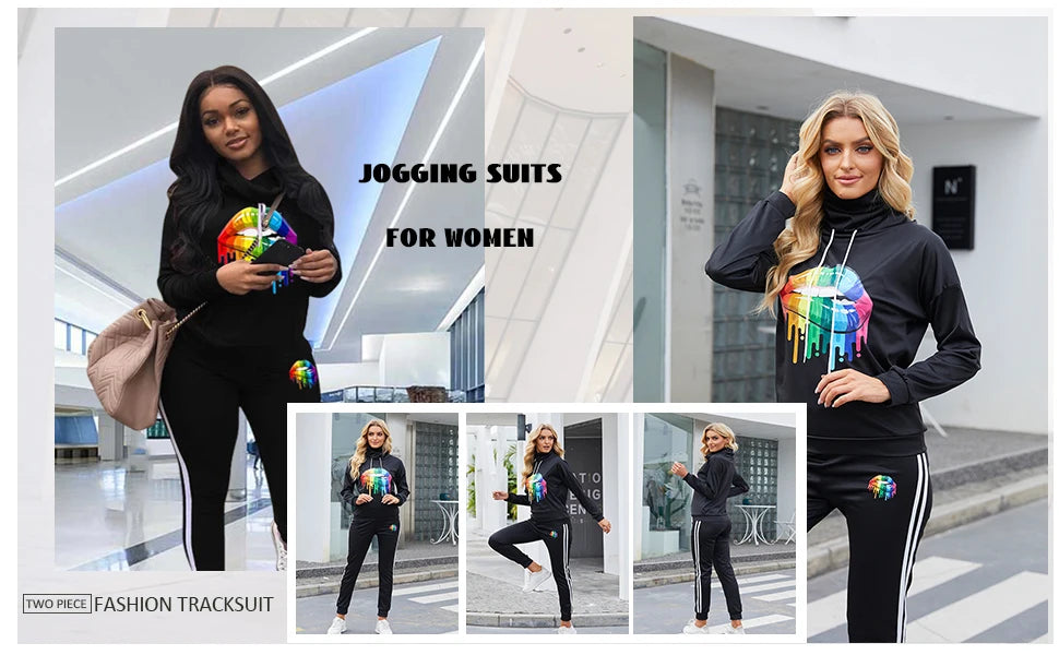 Womens Casual 2 Piece Tracksuit Outfits Lip Print Pattern Long Sleeve Pullover Pants Set