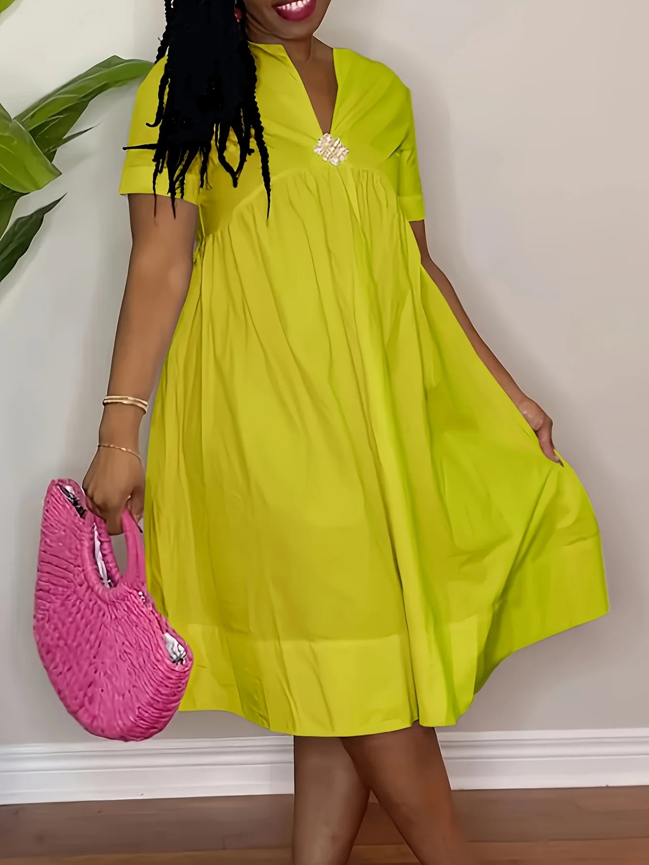 Casual Short Sleeved V-neck Waist Cinched Loose Vacation A-line Shirt Skirt