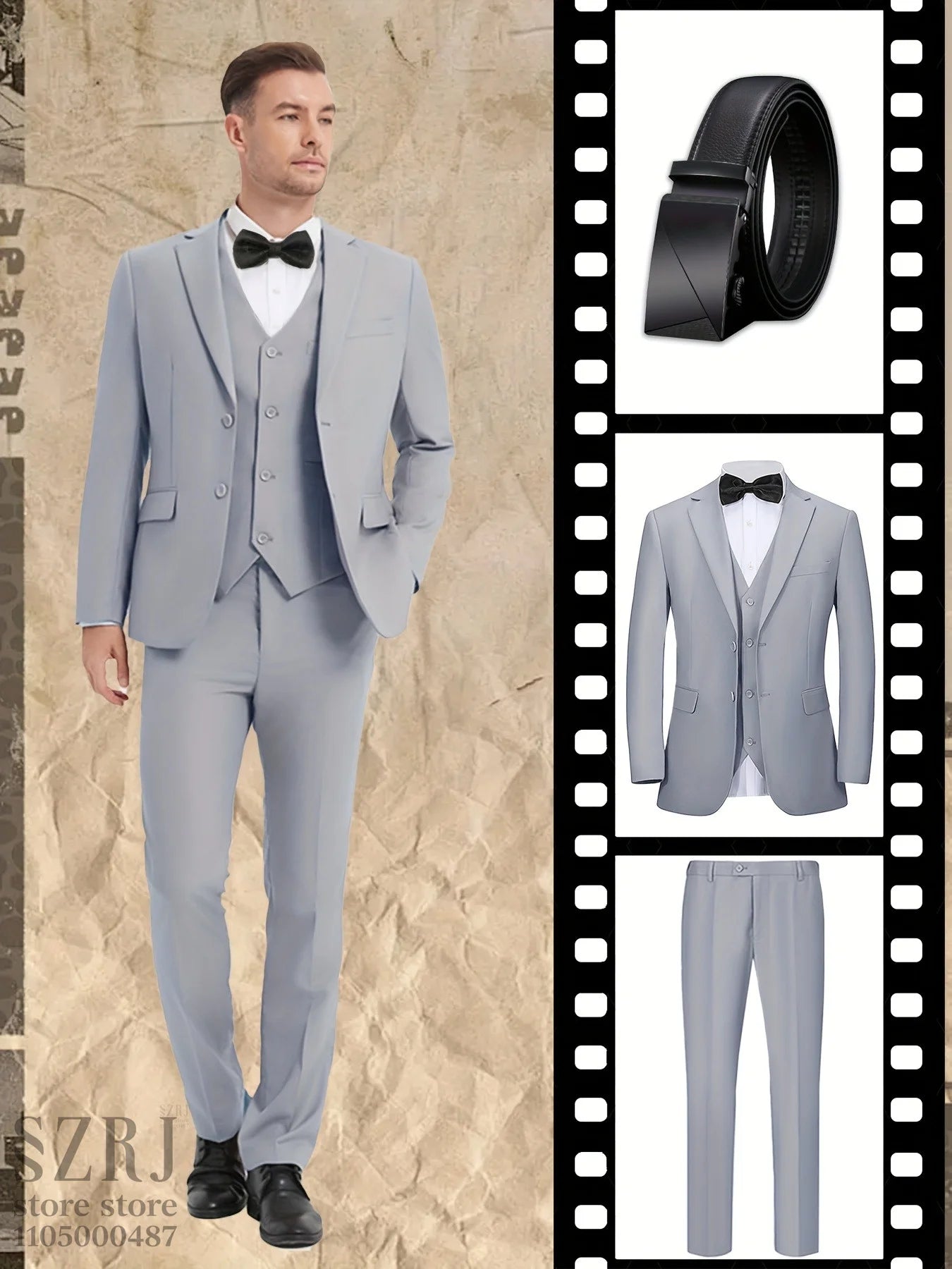 4pcs Men's Formal Suit Set: Tuxedo, Vest, Pants, Belt with .Classic Elegant Attire for Business, Party, Banquet, Job Interview