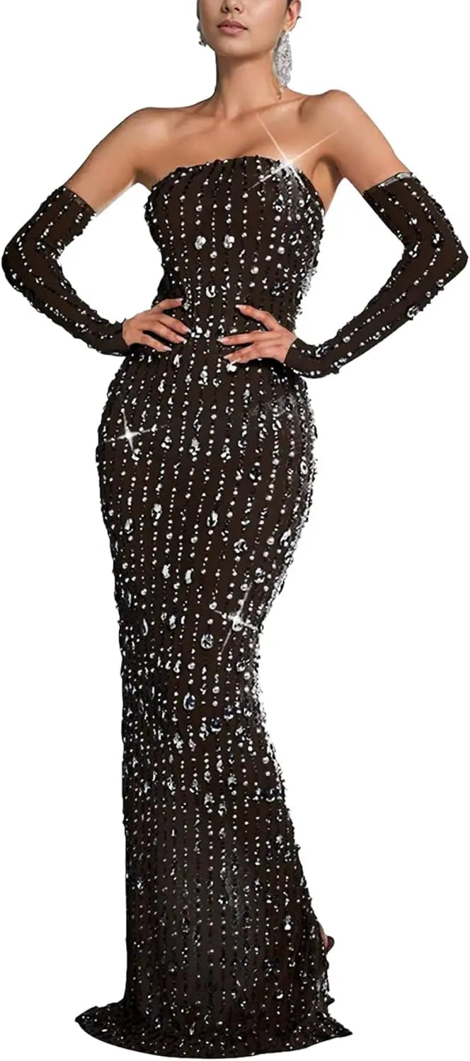Women's Hot Drilling Craft Sexy Long Sleeve Mesh See Through Sequined Party Club Night Rhinestone Dress