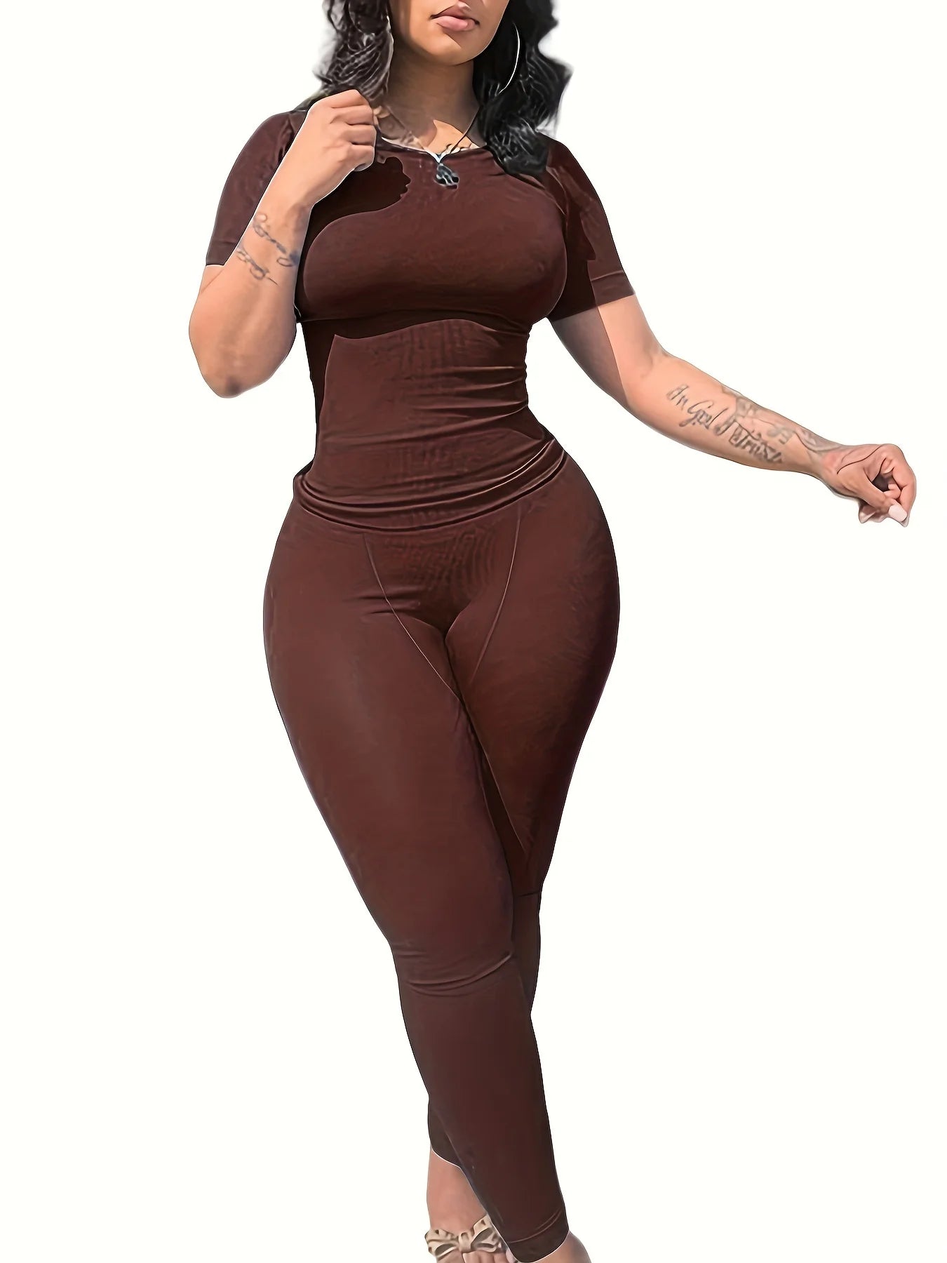 US STOCK | Casual Workout Sets Short Sleeve Two Piece Outfits For Women Ribbed Fitted Crew Neck T-shirt Matching Sets Streetwear