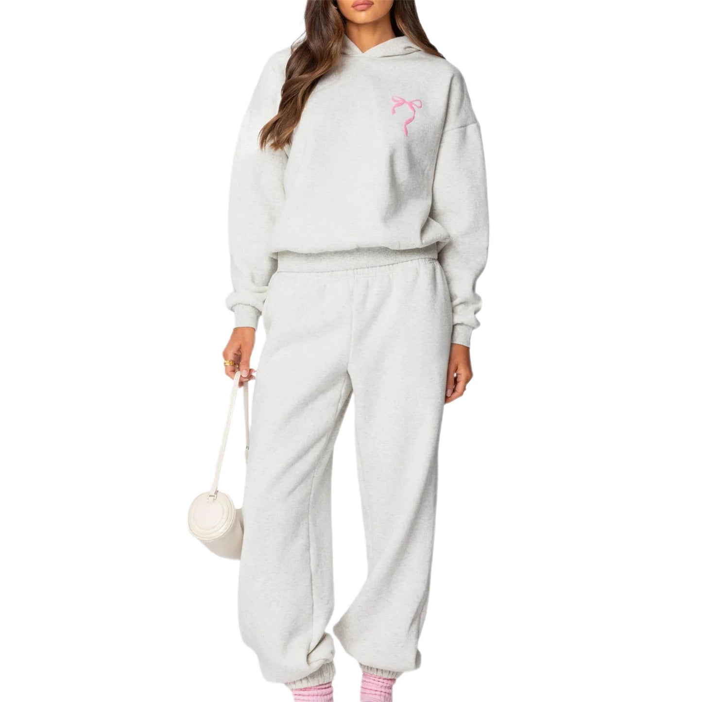 Women s 2 Piece Stylish Outfits Long Sleeve Floral Embroidered Sweatshirt Solid Color Jogger Pants Sets for Casual Wear