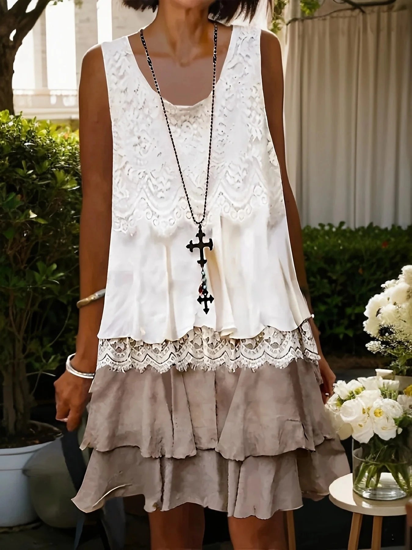 Boho Lace Dress Women - Casual Sleeveless Ruffle Knee-Length Summer Dress Loose Fit for Vacation Beach Outing