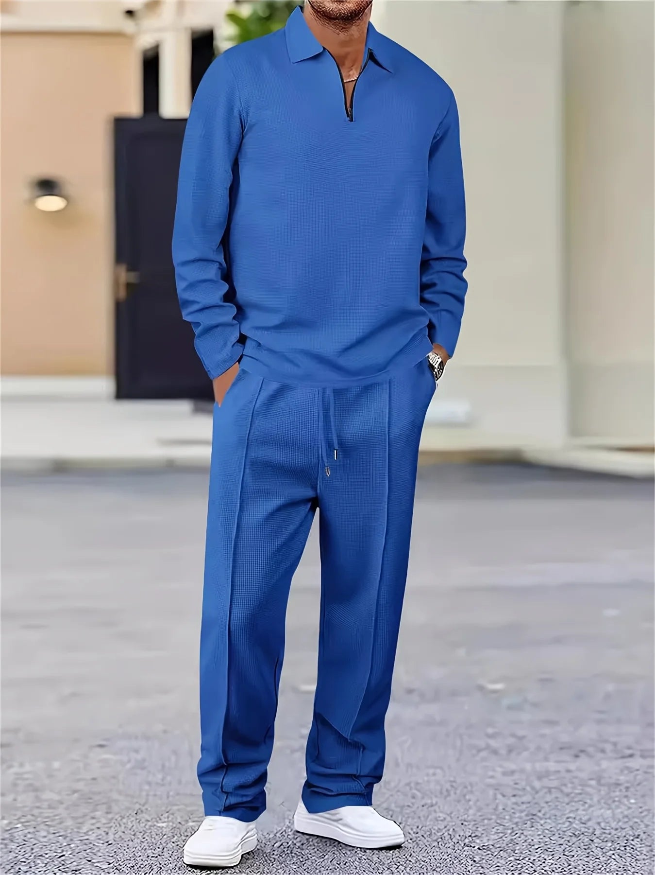 The new men's spring and autumn Waffle long-sleeved and long pants sportswear and casual set is made of comfortable and breatha