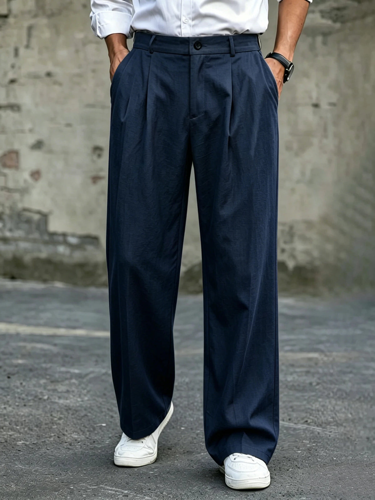 Men's High Waist Double Pleated Wide Leg Dress Pants Draping Wrinkle Resistant Breathable Textured Fabric Trousers for Office Wo