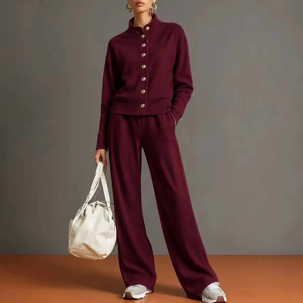 Women 2Pcs Outfit Set Stand Collar Button Sweatshirt Wide Leg Pants Casual Loose Tracksuit Loungewear for Daily Street & Holiday