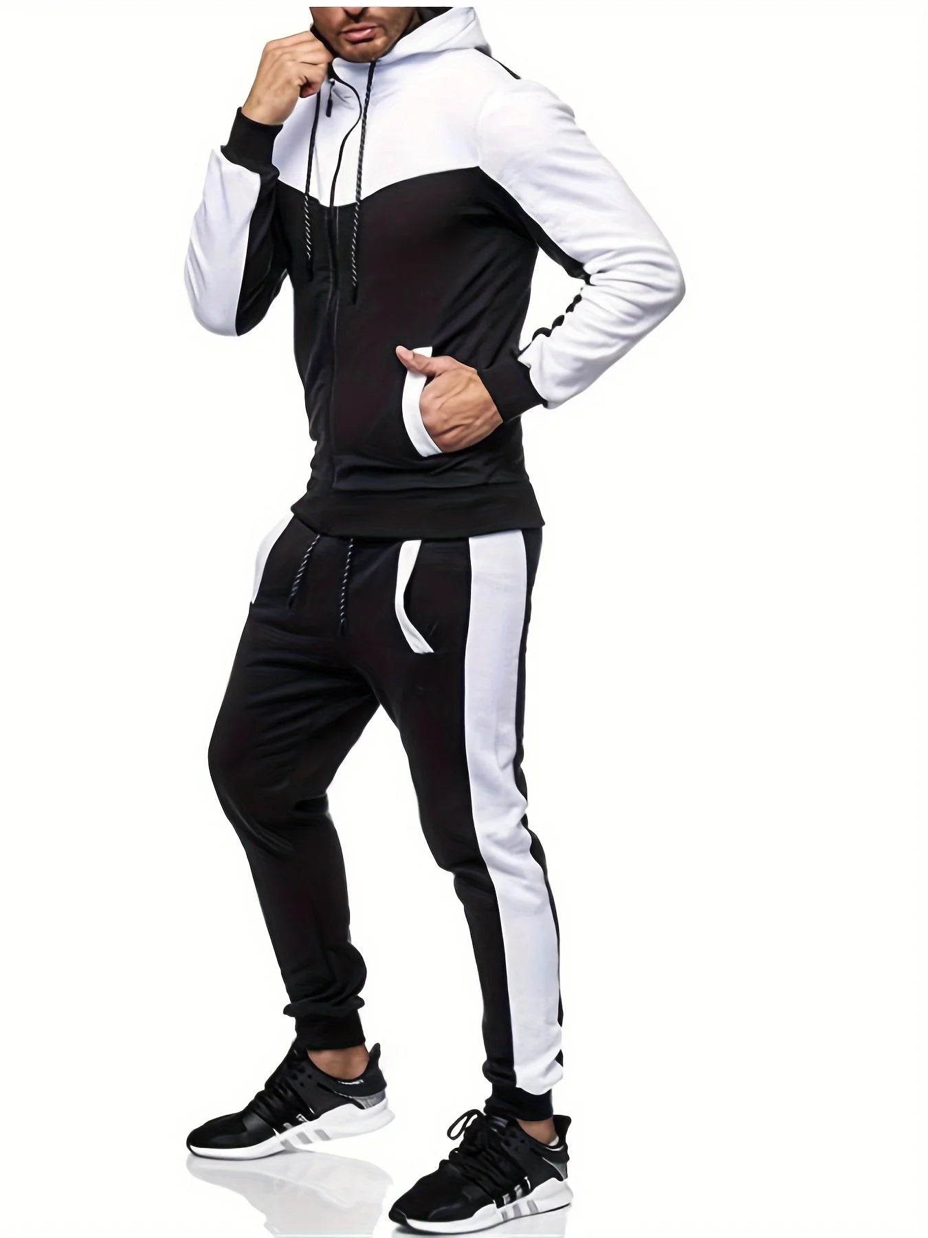 Autumn And Winter Men's Hooded Color Matching Leisure Sports Cardigan Set