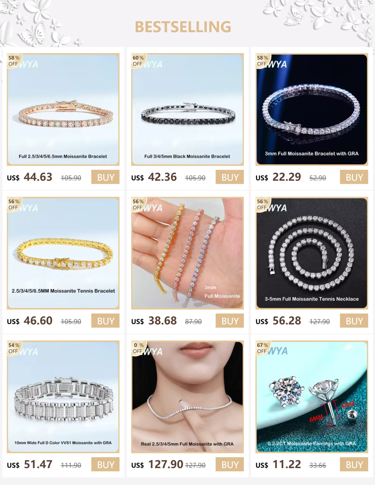 EWYA S925 Sterling Silver Certified Moissanite Bracelet 0.1ct 3mm D VVS1 Lab Diamond Women Sparkling Wedding Party Fine Jewelry