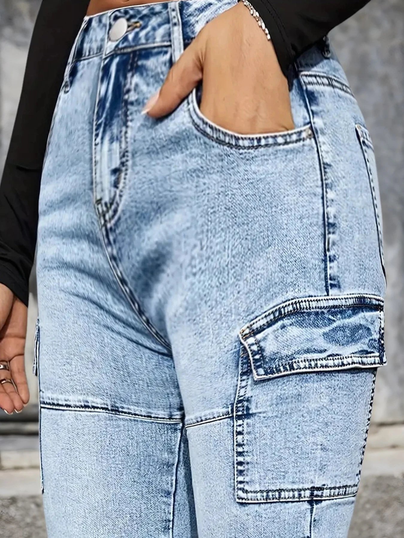 2025 New Women's High Waisted Elastic Multi Pocket Workwear Jeans, Street Fashion Casual Slim Fit Stacking Pants, Comfortable Fi