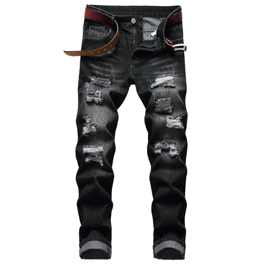 Men's black casual ripped jeans, men's slim fashion casual denim trousers