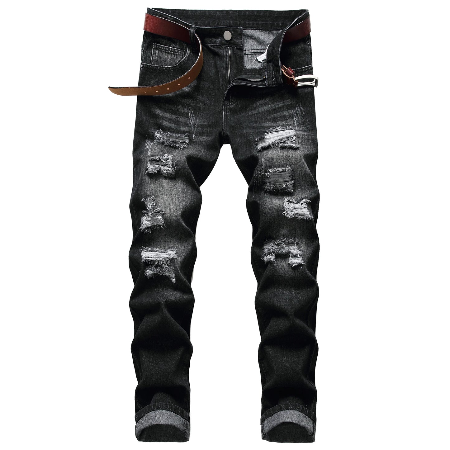 Men's black casual ripped jeans, men's slim fashion casual denim trousers
