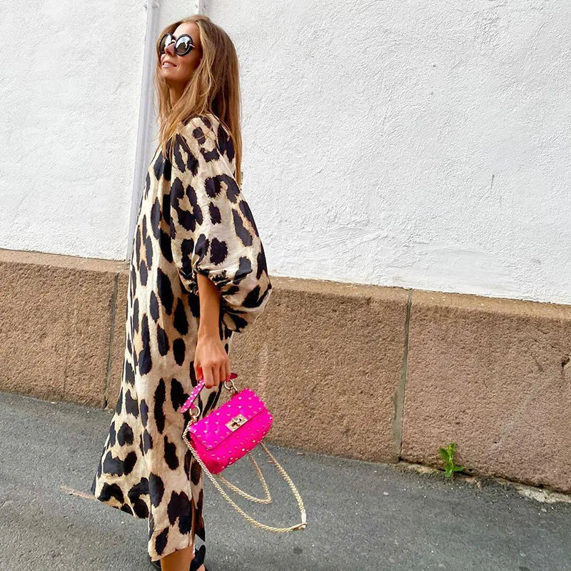 Women Dress New Spring and Summer Fashion V-neck Loose Lantern Sleeve Leopard Print Midi Dresses For Women Robe Femme Streetwear