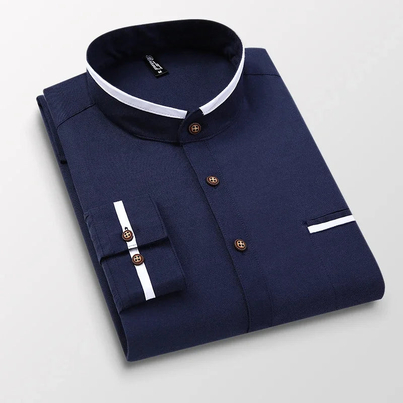 BROWON Autumn Oversized Shirts Men Pocket Design Korean Style Stand-up Collar Slim Shirt Mens Long Sleeve Shirt Men Clothing