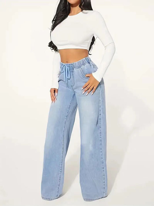 New Women's Fashionable Casual Straight Leg Jeans with Drawstring Washed Denim, Versatile Jeans for Daily Use
