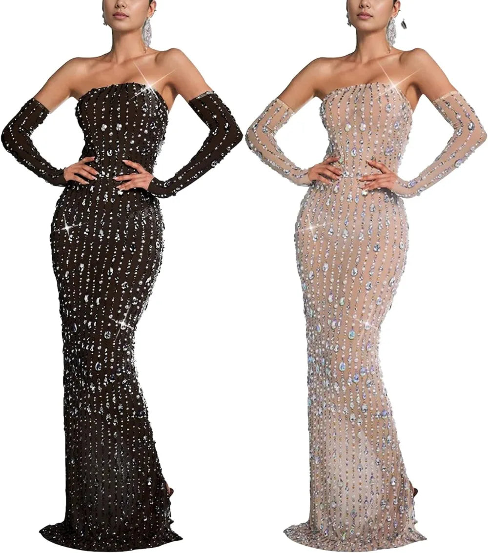 Women's Hot Drilling Craft Sexy Long Sleeve Mesh See Through Sequined Party Club Night Rhinestone Dress