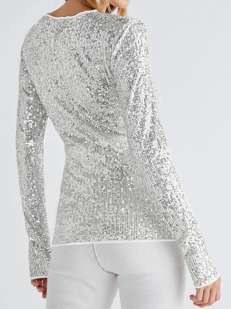 Women Long Sleeve Tops Sequins Basic Shirt Casual Pullover for Fall Club Streetwear Aesthetic Clothes