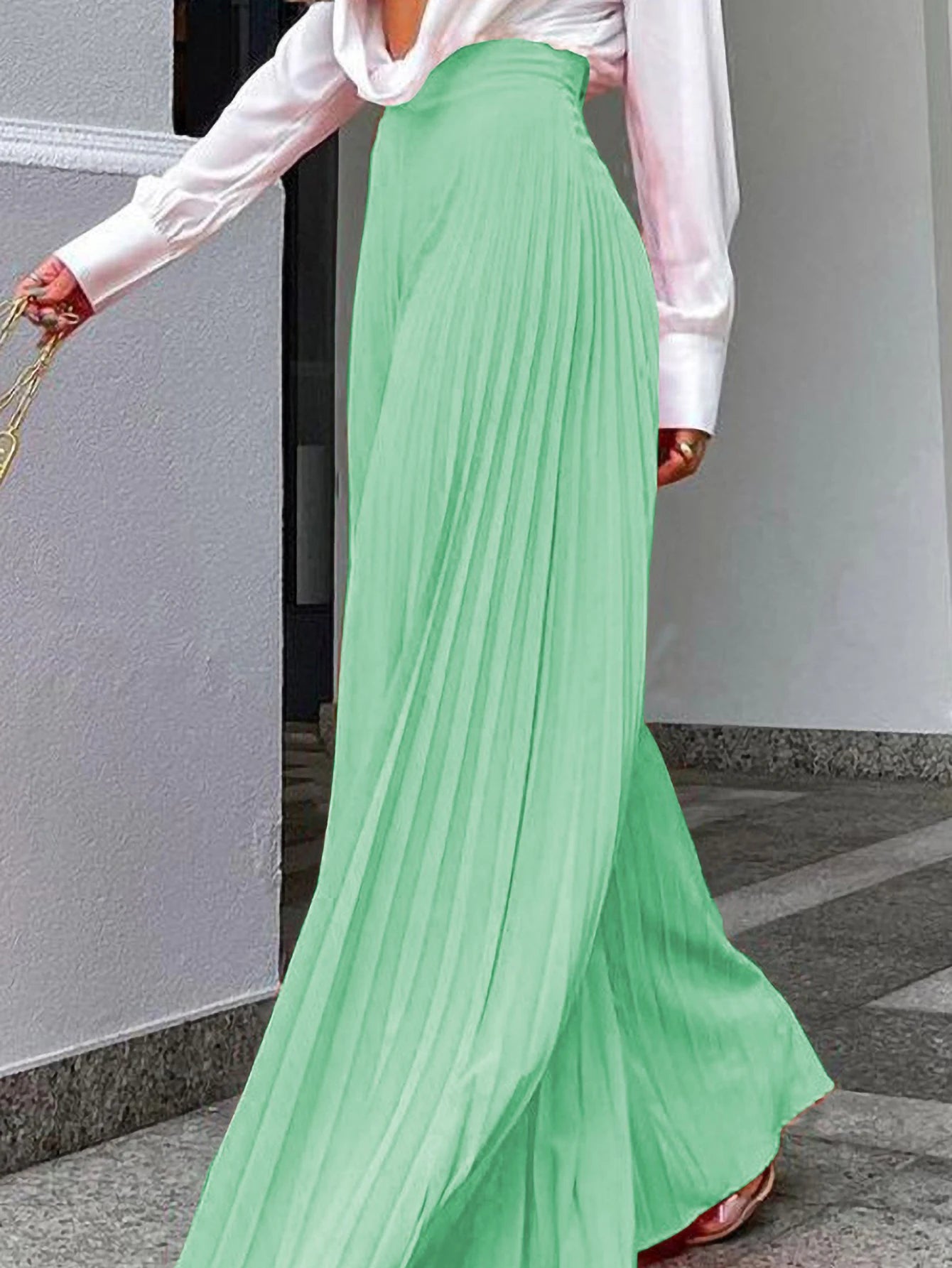 Elegant style Solid color Pleated Zipper PantsMint Green Pants