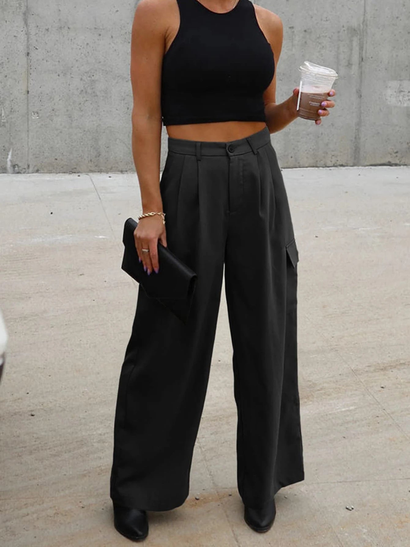 Casual High Waisted Pants for Women Loose Solid Color Versatile Wide Leg Pants with 4 Pockets Cargo Pants Black M